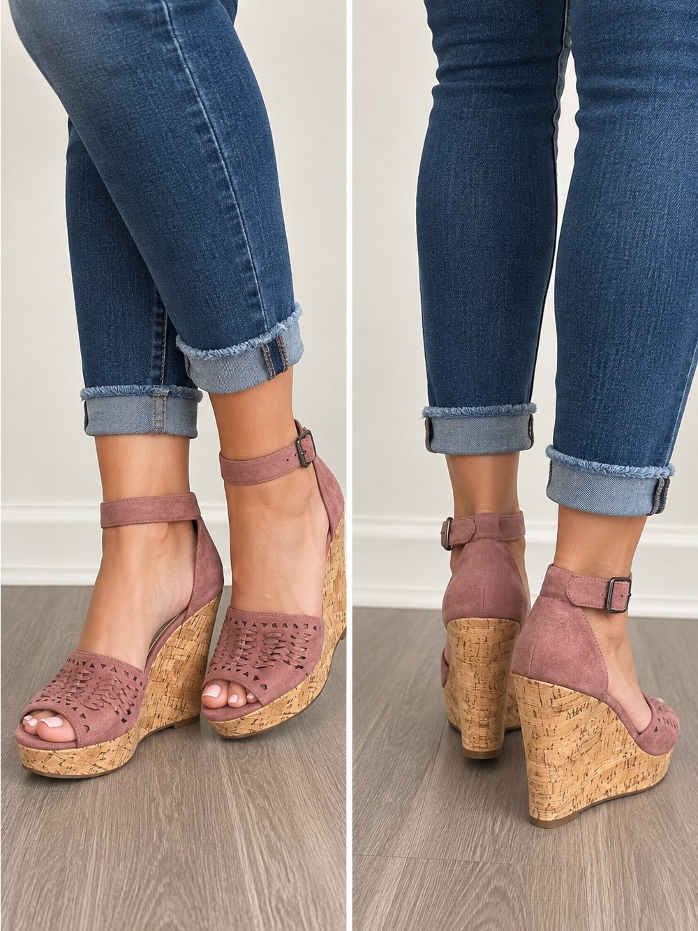 Marc Fisher Dusty Rose Suede Cork Wedge Sandals Size 6.5 Peep Toe Ankle Strap